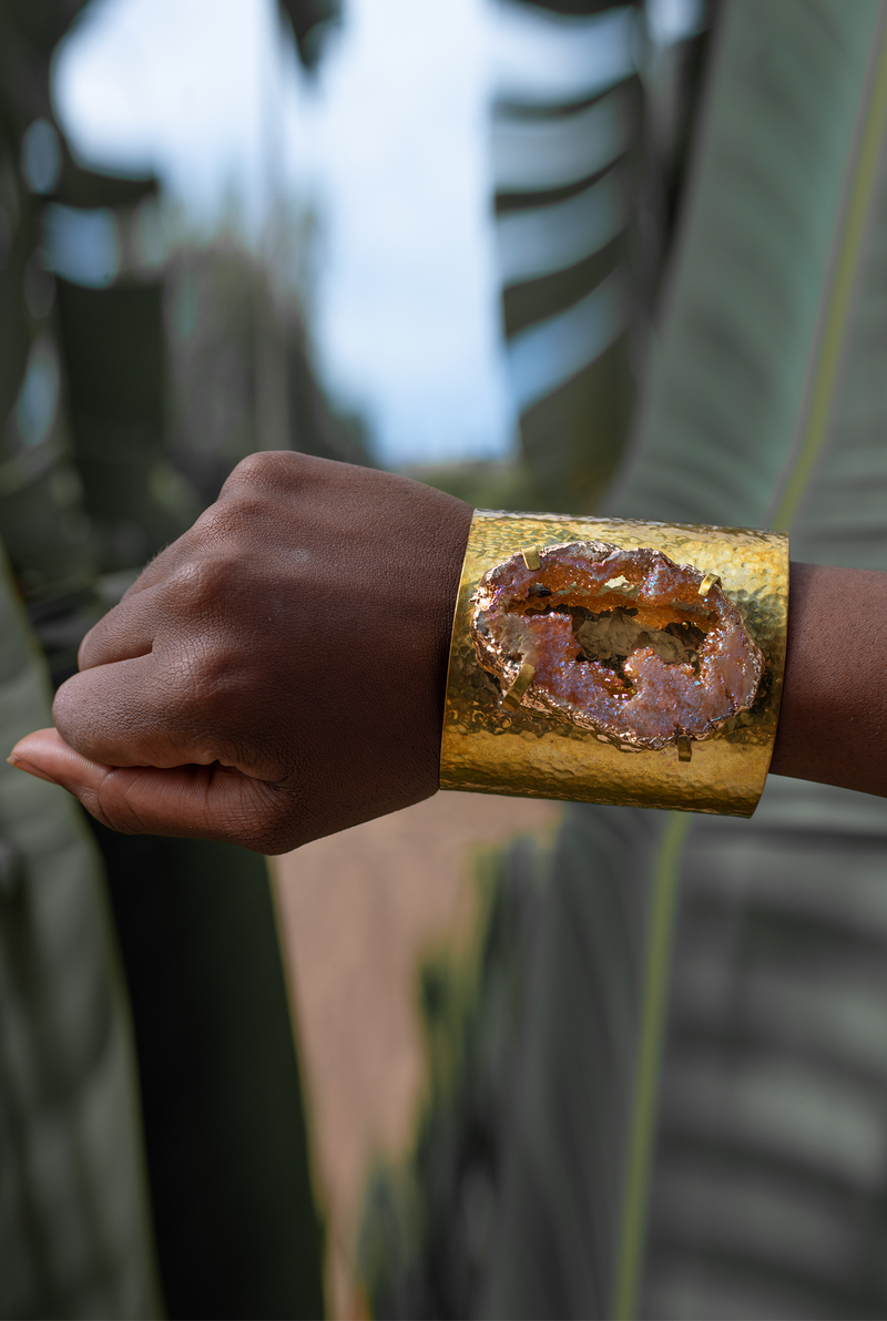 Agate Brass Hammered Cuff